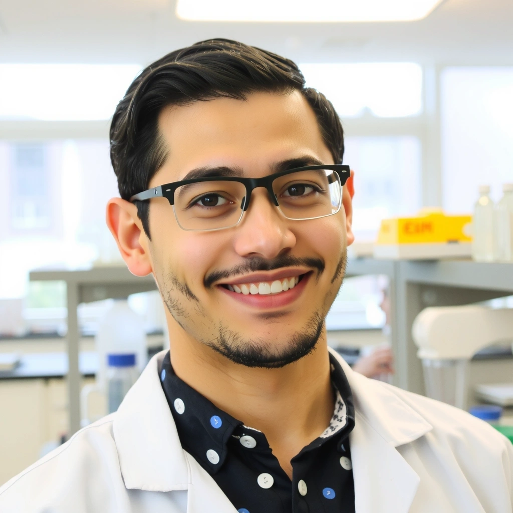 A professional headshot of a smiling, diverse male scientist with glasses, in a lab coat, conveying expertise and warmth.