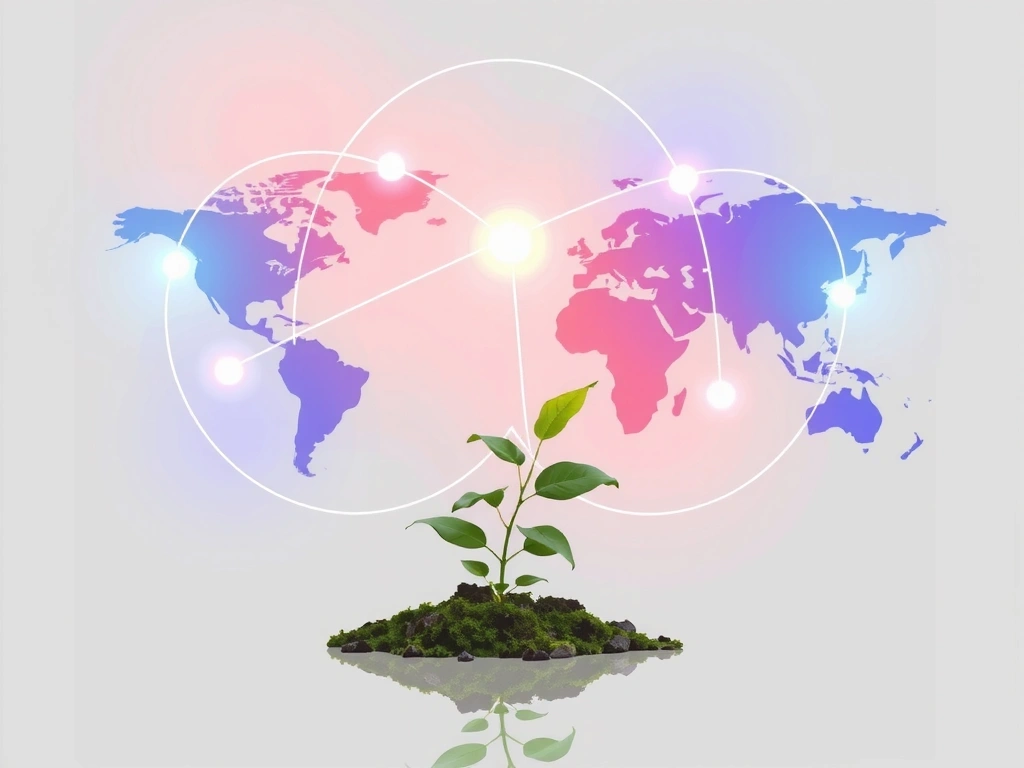 An abstract, futuristic representation of global connectivity and growth, with glowing lines connecting continents and a healthy plant sprouting from the center.