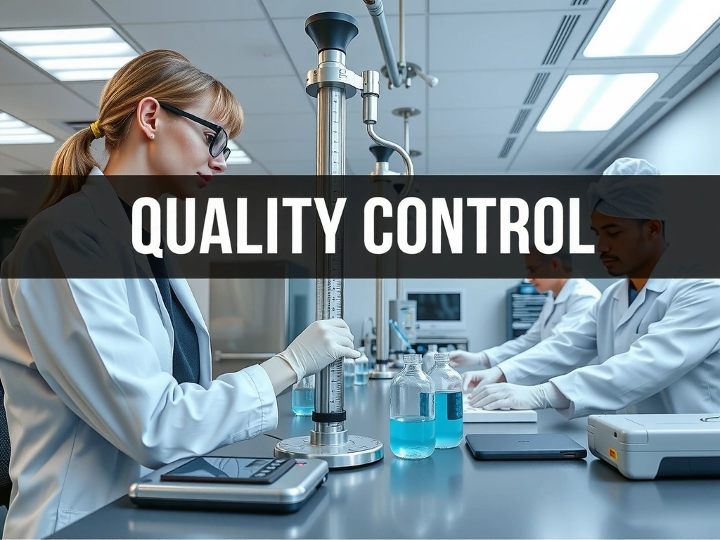 An ultra-modern, clean laboratory setting with advanced equipment and scientists in white coats, emphasizing precision and quality control.