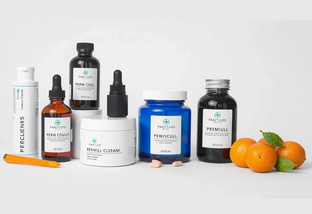 Assortment of premium wellness products, including supplements and creams, neatly arranged on a minimalist background